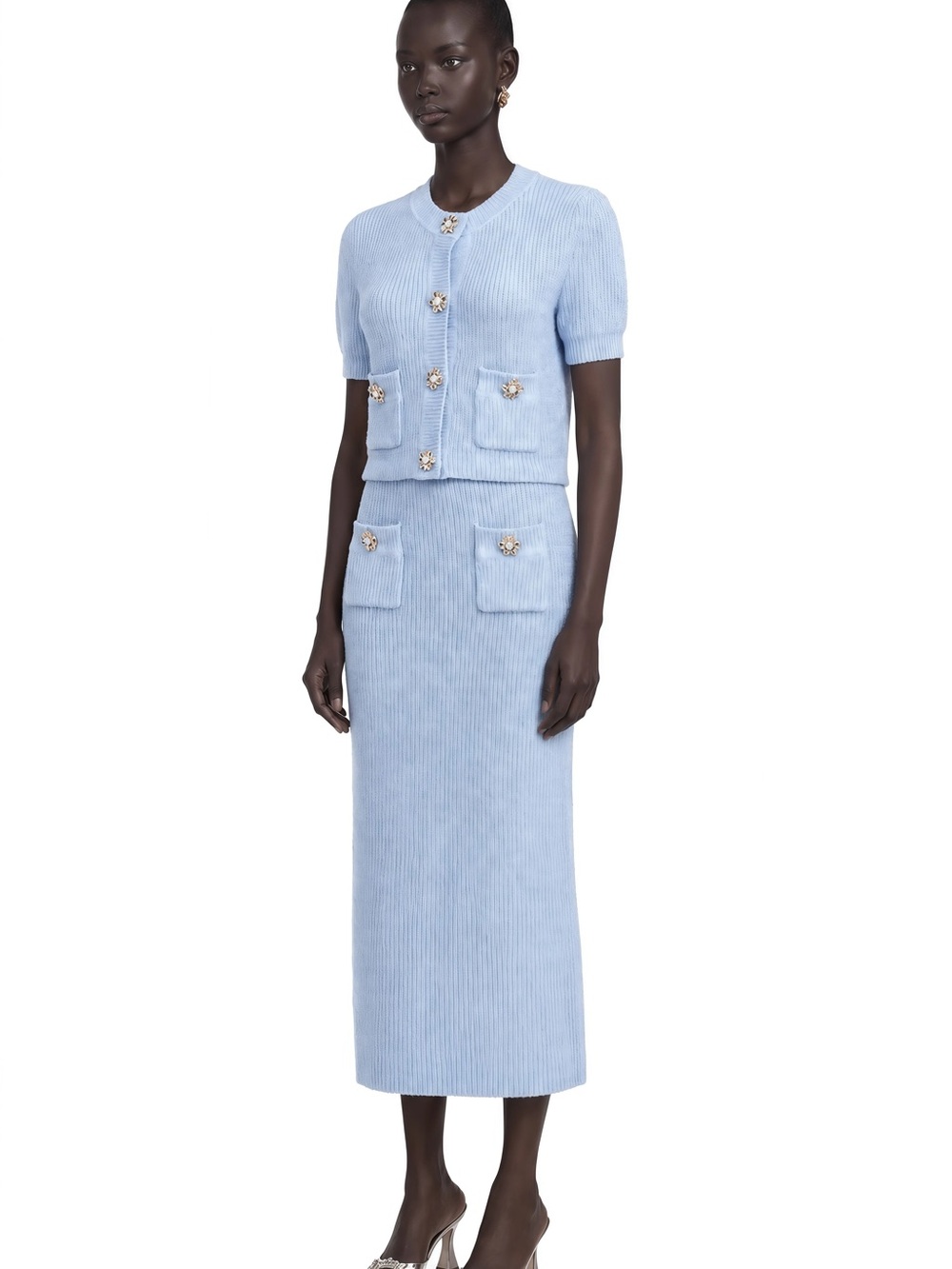 MISS ROSIER Baby Blue Knit Two-Piece Set – Cropped Cardigan & Midi Skirt